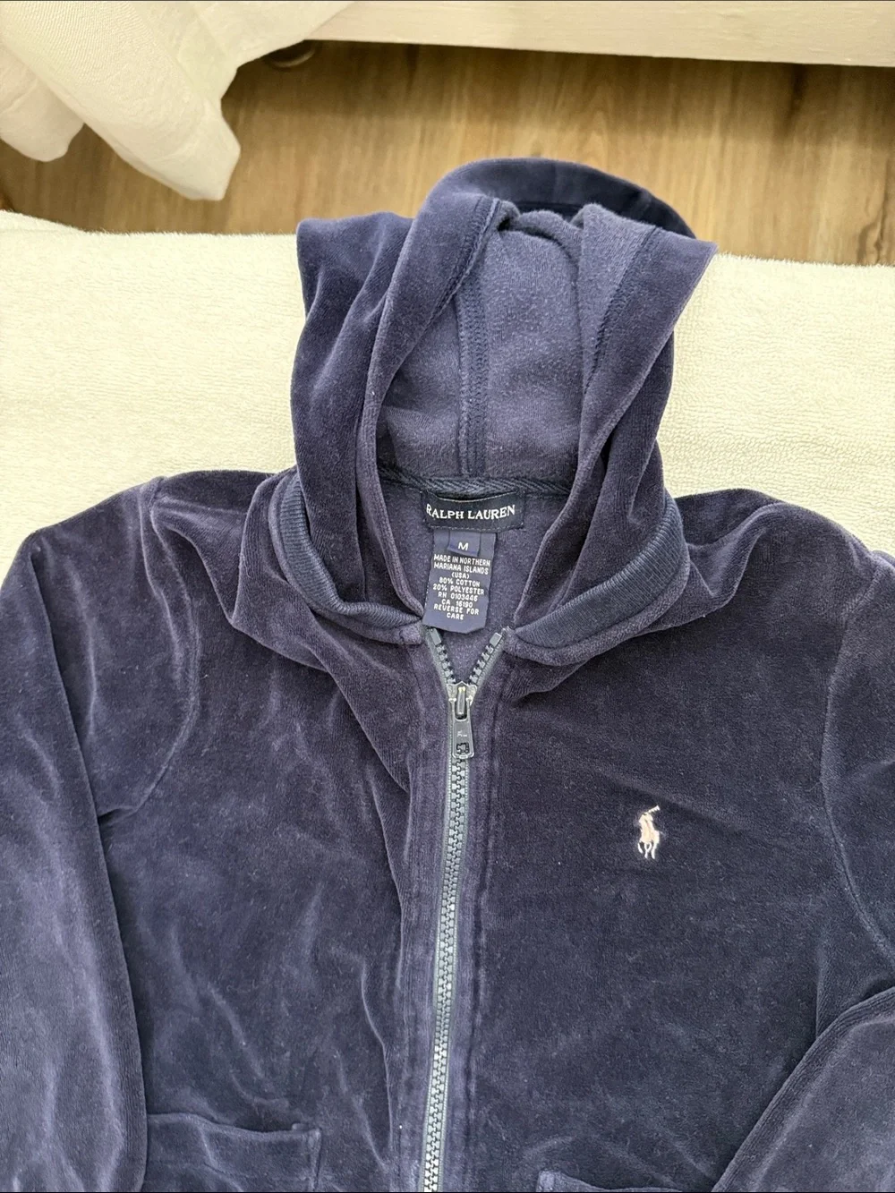 Ralph Lauren Navy Velour Zip-Up Hoodie with Pony Logo